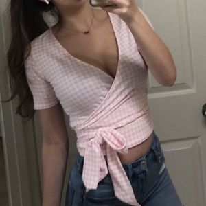 cropped pink gingham wrap top